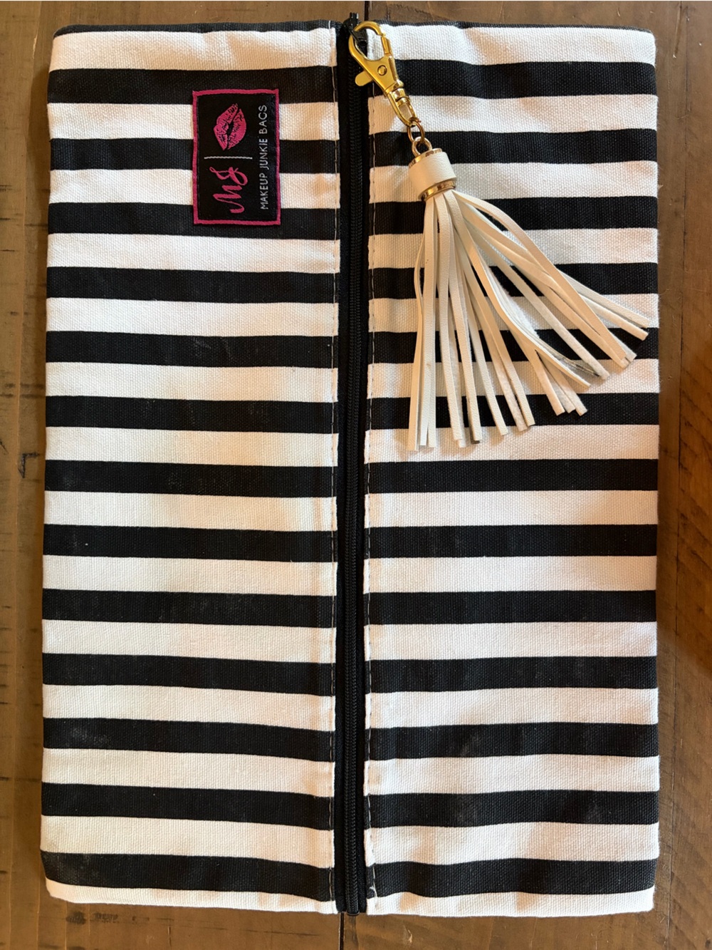 NEW Makeup Junkie Glam Stripe Flat-Lay Pouch Black White Leopard Tassel Large